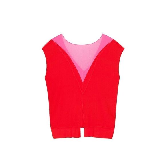 Sandro Ebba Accordion Pleat Split Hi Low Sleeveless Blouse in Red & Neon Pink - Picture 1 of 15